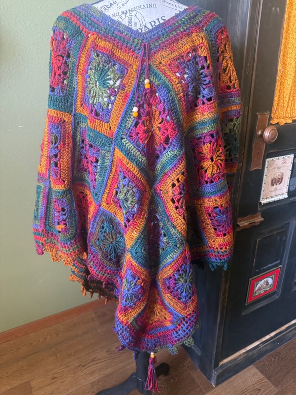 Multicolor Crochet Poncho Shrug - Boho Floral Square Design